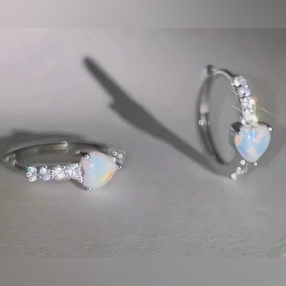 Silver Heart Opal Hoop Earrings - Picture 3 of 5
